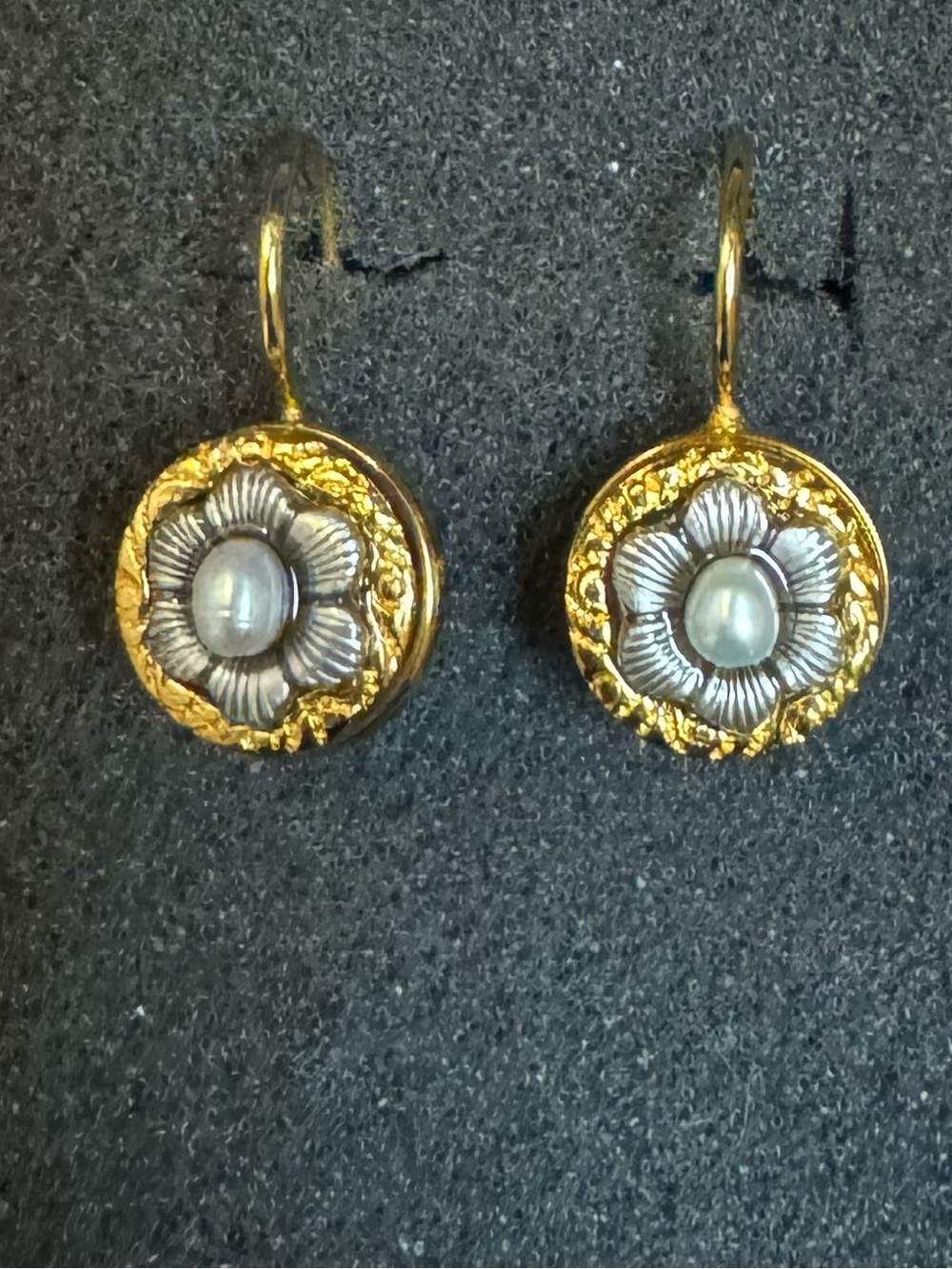 Gold-Tone Floral Drop Earrings with Silver Flower Center